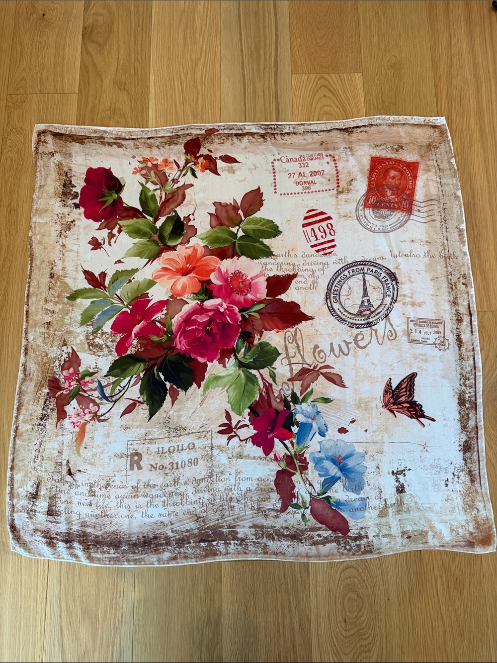 Floral Bouquet Print Silk Scarf with Vintage Postage themed Accents